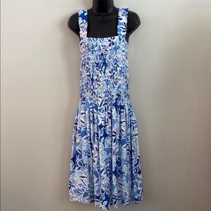 Aqua Blue Floral Smocked Midi Sundress